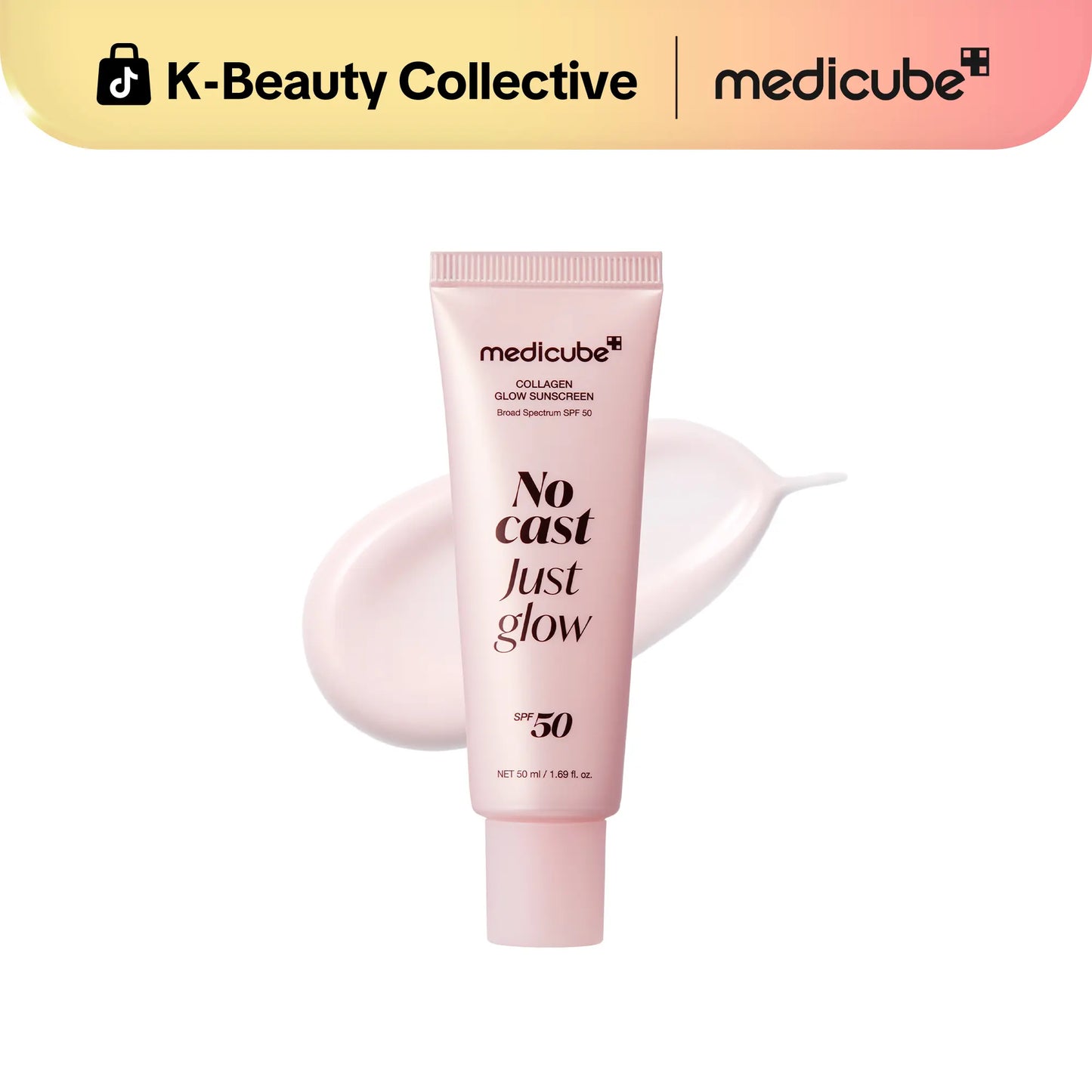 Medicube No Cast Just Glow Collagen Sunscreen | SPF 50 Broad Spectrum Face Sunscreen | Lightweight, Non-Sticky, Hydrating Formula | No White Cast or Residue | Peptide, Cica for Soothing & Natural Glow