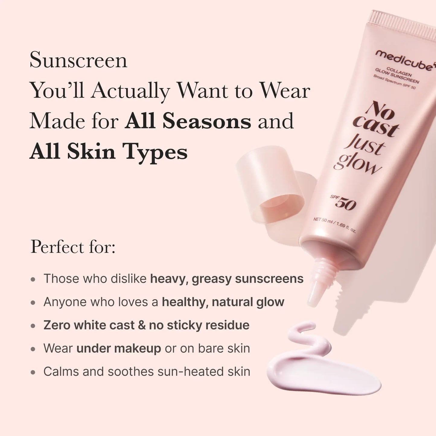 Medicube No Cast Just Glow Collagen Sunscreen | SPF 50 Broad Spectrum Face Sunscreen | Lightweight, Non-Sticky, Hydrating Formula | No White Cast or Residue | Peptide, Cica for Soothing & Natural Glow