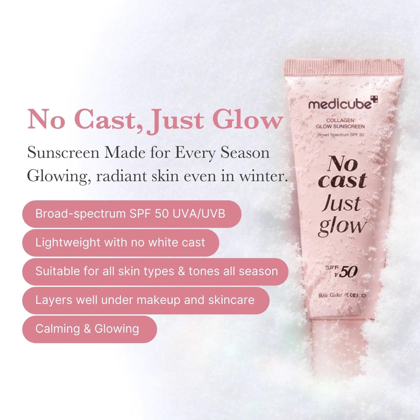Medicube No Cast Just Glow Collagen Sunscreen | SPF 50 Broad Spectrum Face Sunscreen | Lightweight, Non-Sticky, Hydrating Formula | No White Cast or Residue | Peptide, Cica for Soothing & Natural Glow