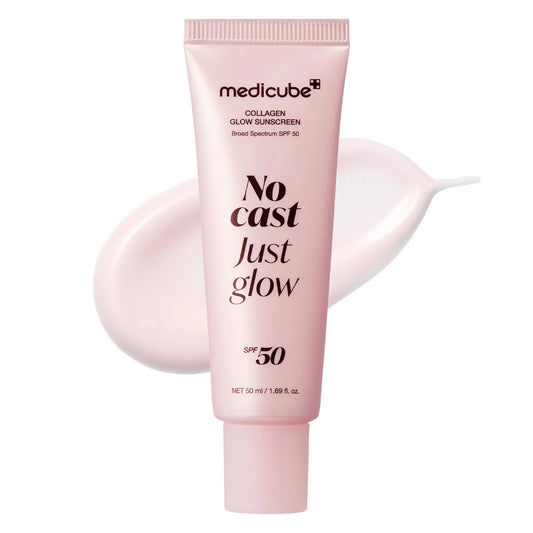 Medicube No Cast Just Glow Collagen Sunscreen | SPF 50 Broad Spectrum Face Sunscreen | Lightweight, Non-Sticky, Hydrating Formula | No White Cast or Residue | Peptide, Cica for Soothing & Natural Glow