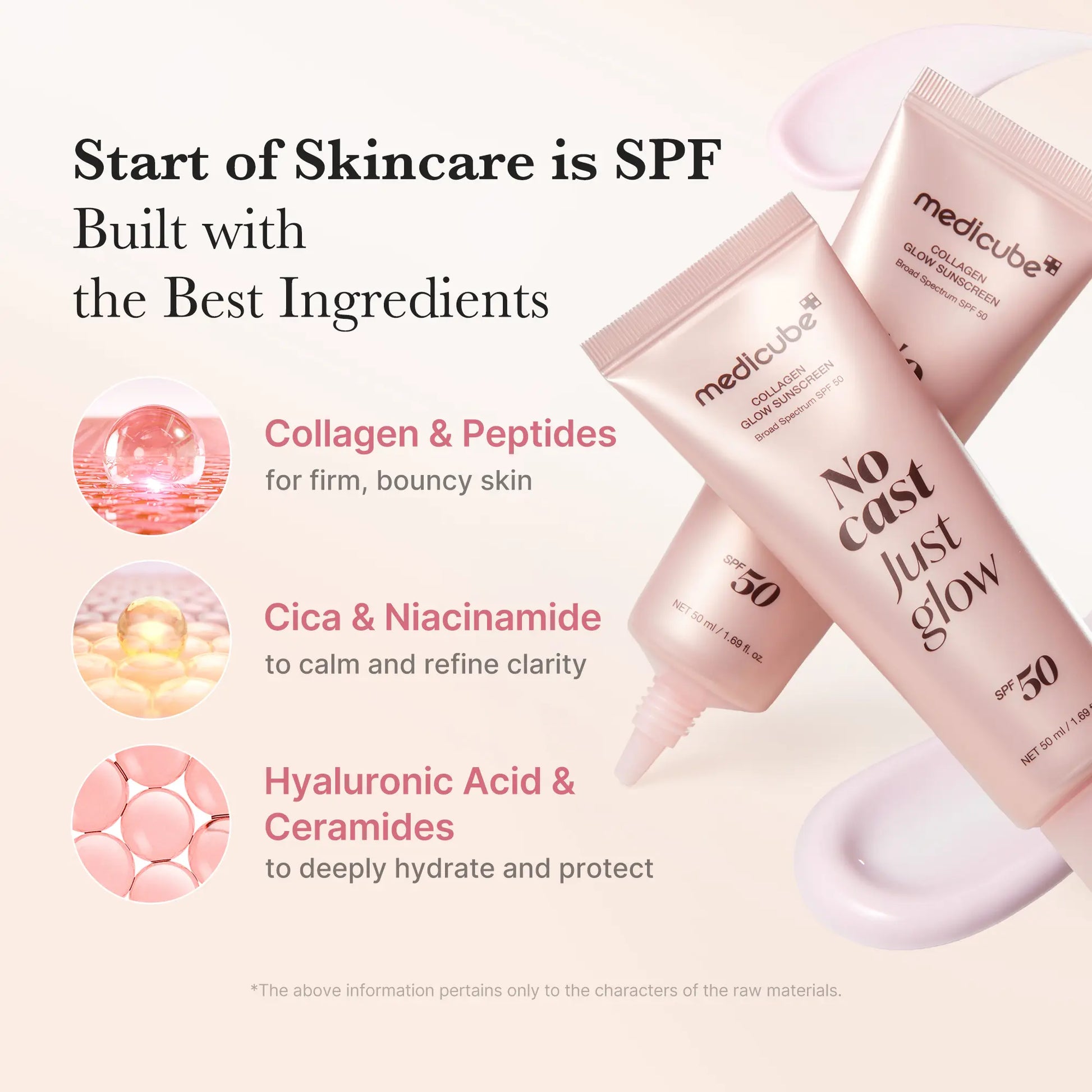 Medicube No Cast Just Glow Collagen Sunscreen | SPF 50 Broad Spectrum Face Sunscreen | Lightweight, Non-Sticky, Hydrating Formula | No White Cast or Residue | Peptide, Cica for Soothing & Natural Glow
